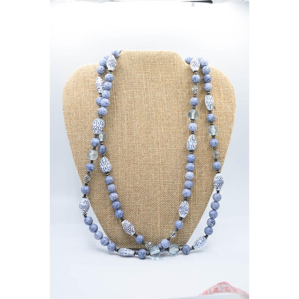 Beaded Necklace Blue Boho Ceramic Style Long Strand Beachy Casual